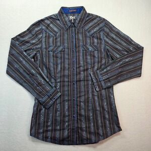 Rock 47 by Wrangler Women's Western Pearl Snap Shirt S Black Blue Stripe LS